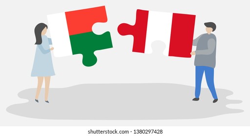 Couple holding two puzzles pieces with Malagasy and Peruvian flags. Madagascar and Peru national symbols together.
