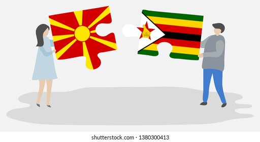 Couple holding two puzzles pieces with Macedonian and Zimbabwean flags. Macedonia and Zimbabwe national symbols together.