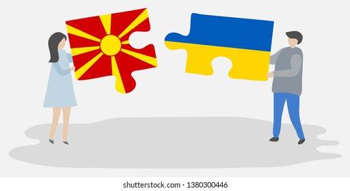 Couple holding two puzzles pieces with Macedonian and Ukrainian flags. Macedonia and Ukraine national symbols together.