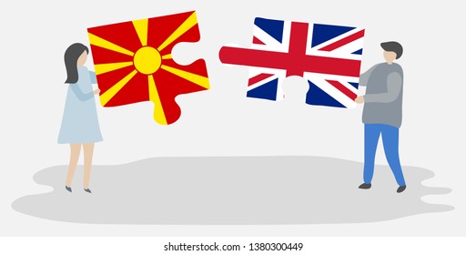 Couple holding two puzzles pieces with Macedonian and British flags. Macedonia and United Kingdom national symbols together.