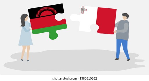 Couple holding two puzzles pieces with Malawian and Maltese flags. Malawi and Malta national symbols together.