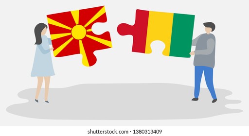Couple holding two puzzles pieces with Macedonian and Guinean flags. Macedonia and Guinea national symbols together.