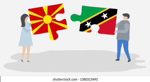 Couple holding two puzzles pieces with Macedonian and Kittitian flags. Macedonia and Saint Kitts and Nevis national symbols together.