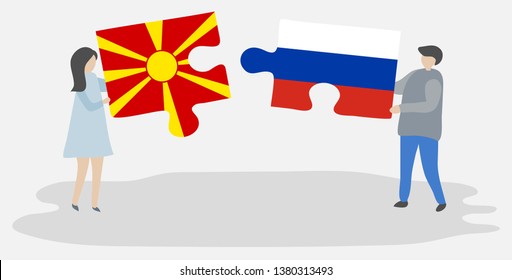 Couple holding two puzzles pieces with Macedonian and Russian flags. Macedonia and Russia national symbols together.
