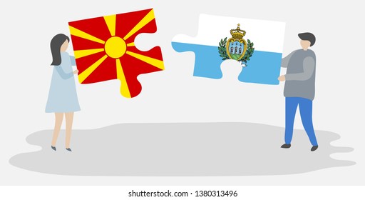 Couple holding two puzzles pieces with Macedonian and Sammarinese flags. Macedonia and San Marino national symbols together.