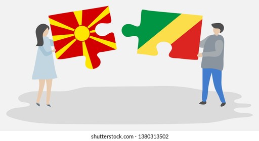 Couple holding two puzzles pieces with Macedonian and Congolese flags. Macedonia and Republic of the Congo national symbols together.