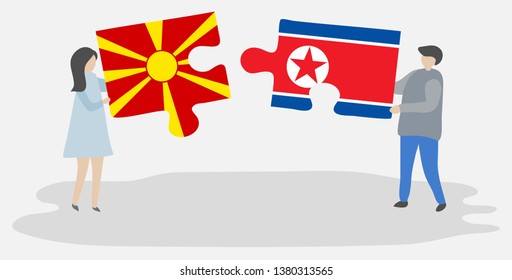Couple holding two puzzles pieces with Macedonian and North Korean flags. Macedonia and North Korea national symbols together.