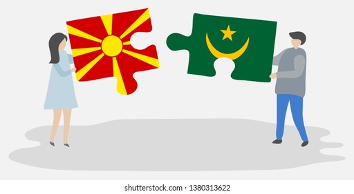 Couple holding two puzzles pieces with Macedonian and Mauritanian flags. Macedonia and Mauritania national symbols together.