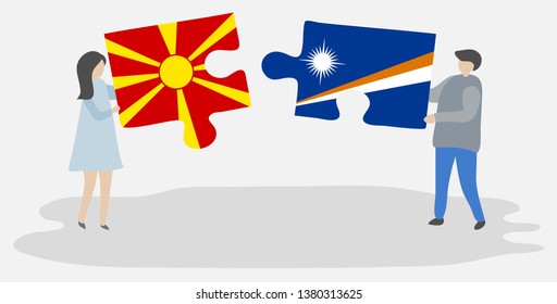Couple holding two puzzles pieces with Macedonian and Marshallese flags. Macedonia and Marshall Islands national symbols together.