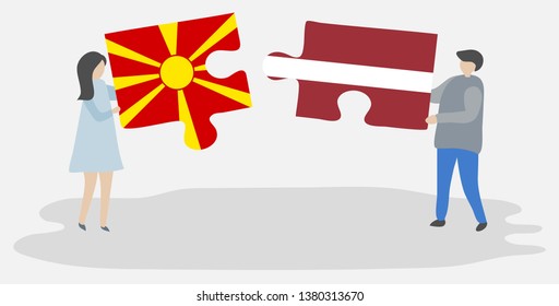 Couple holding two puzzles pieces with Macedonian and Latvian flags. Macedonia and Latvia national symbols together.