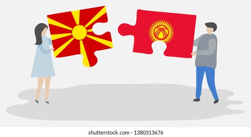 Couple holding two puzzles pieces with Macedonian and Kirgiz flags. Macedonia and Kyrgyzstan national symbols together.