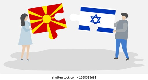 Couple holding two puzzles pieces with Macedonian and Israeli flags. Macedonia and Israel national symbols together.