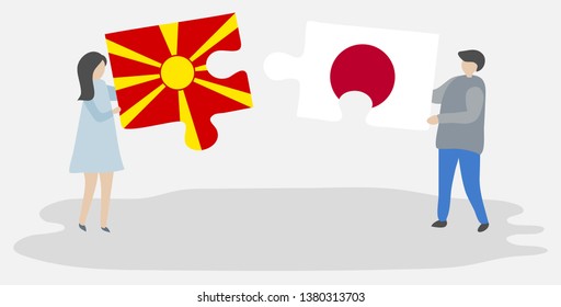 Couple holding two puzzles pieces with Macedonian and Japanese flags. Macedonia and Japan national symbols together.