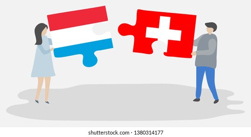 Couple holding two puzzles pieces with Luxembourgish and Swiss flags. Luxembourg and Switzerland national symbols together.