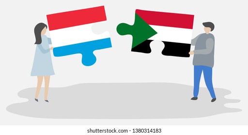 Couple holding two puzzles pieces with Luxembourgish and Sudanese flags. Luxembourg and Sudan national symbols together.