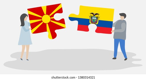 Couple holding two puzzles pieces with Macedonian and Ecuadorian flags. Macedonia and Ecuador national symbols together.