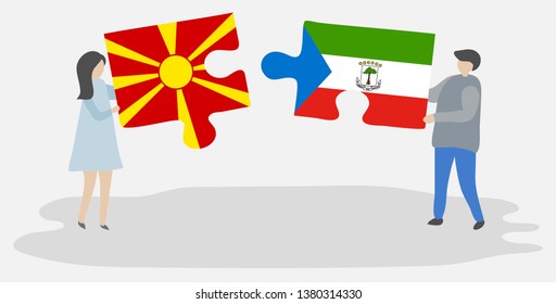 Couple holding two puzzles pieces with Macedonian and Equatorial Guinean flags. Macedonia and Equatorial Guinea national symbols together.
