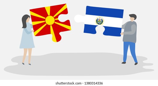 Couple holding two puzzles pieces with Macedonian and Salvadoran flags. Macedonia and El Salvador national symbols together.