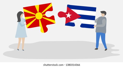 Couple holding two puzzles pieces with Macedonian and Cuban flags. Macedonia and Cuba national symbols together.