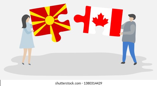 Couple holding two puzzles pieces with Macedonian and Canadian flags. Macedonia and Canada national symbols together.
