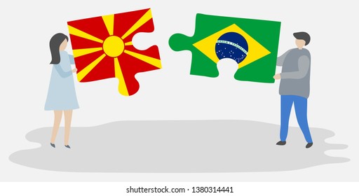 Couple holding two puzzles pieces with Macedonian and Brazilian flags. Macedonia and Brazil national symbols together.
