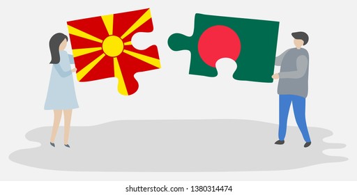 Couple holding two puzzles pieces with Macedonian and Bangladeshi flags. Macedonia and Bangladesh national symbols together.