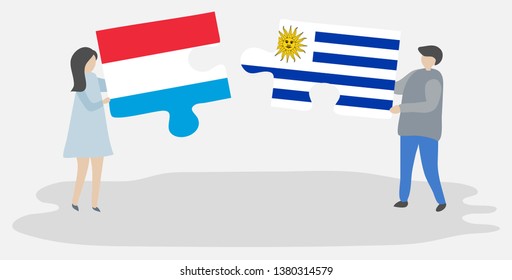 Couple holding two puzzles pieces with Luxembourgish and Uruguayan flags. Luxembourg and Uruguay national symbols together.
