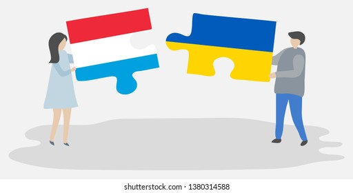 Couple holding two puzzles pieces with Luxembourgish and Ukrainian flags. Luxembourg and Ukraine national symbols together.