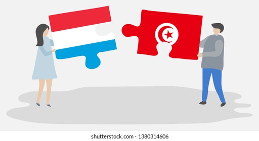 Couple holding two puzzles pieces with Luxembourgish and Tunisian flags. Luxembourg and Tunisia national symbols together.