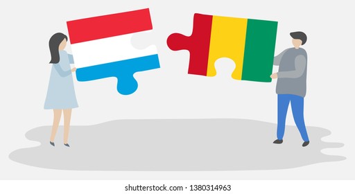 Couple holding two puzzles pieces with Luxembourgish and Guinean flags. Luxembourg and Guinea national symbols together.