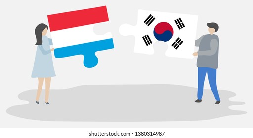 Couple holding two puzzles pieces with Luxembourgish and South Korean flags. Luxembourg and South Korea national symbols together.