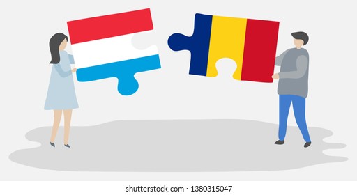 Couple holding two puzzles pieces with Luxembourgish and Romanian flags. Luxembourg and Romania national symbols together.