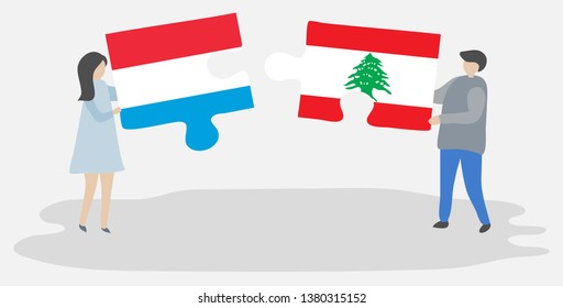 Couple holding two puzzles pieces with Luxembourgish and Lebanese flags. Luxembourg and Lebanon national symbols together.