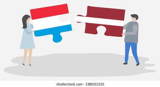 Couple holding two puzzles pieces with Luxembourgish and Latvian flags. Luxembourg and Latvia national symbols together.