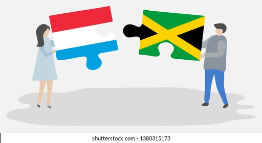 Couple holding two puzzles pieces with Luxembourgish and Jamaican flags. Luxembourg and Jamaica national symbols together.