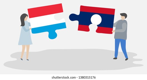 Couple holding two puzzles pieces with Luxembourgish and Lao flags. Luxembourg and Laos national symbols together.