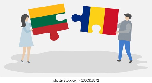 Couple holding two puzzles pieces with Lithuanian and Romanian flags. Lithuania and Romania national symbols together.