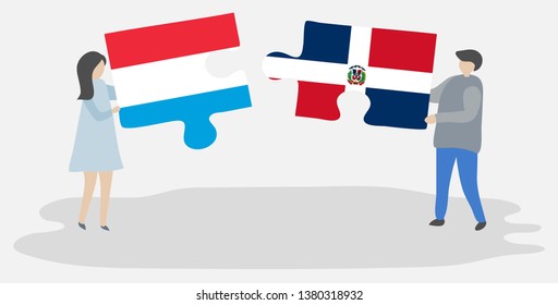 Couple holding two puzzles pieces with Luxembourgish and Dominican flags. Luxembourg and Dominican Republic national symbols together.