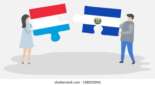 Couple holding two puzzles pieces with Luxembourgish and Salvadoran flags. Luxembourg and El Salvador national symbols together.