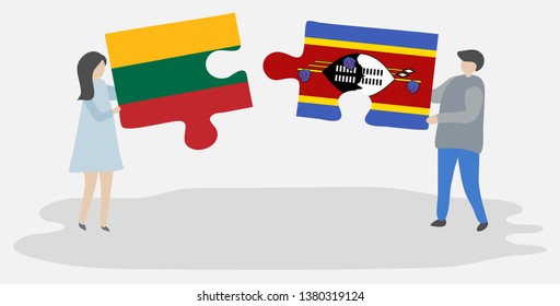 Couple holding two puzzles pieces with Lithuanian and Swazi flags. Lithuania and Swaziland national symbols together.
