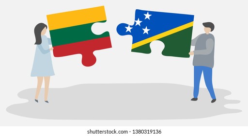 Couple holding two puzzles pieces with Lithuanian and Solomon Island flags. Lithuania and Solomon Islands national symbols together.