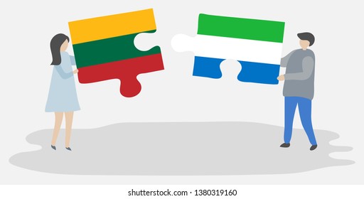 Couple holding two puzzles pieces with Lithuanian and Sierra Leonean flags. Lithuania and Sierra Leone national symbols together.