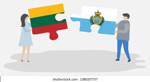 Couple holding two puzzles pieces with Lithuanian and Sammarinese flags. Lithuania and San Marino national symbols together.