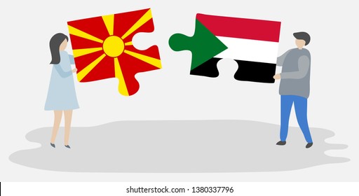Couple holding two puzzles pieces with Macedonian and Sudanese flags. Macedonia and Sudan national symbols together.