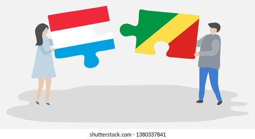Couple holding two puzzles pieces with Luxembourgish and Congolese flags. Luxembourg and Republic of the Congo national symbols together.