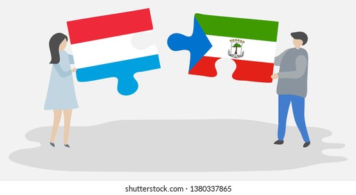 Couple holding two puzzles pieces with Luxembourgish and Equatorial Guinean flags. Luxembourg and Equatorial Guinea national symbols together.