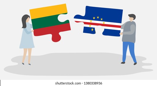 Couple holding two puzzles pieces with Lithuanian and Cabo Verdean flags. Lithuania and Cape Verde national symbols together.