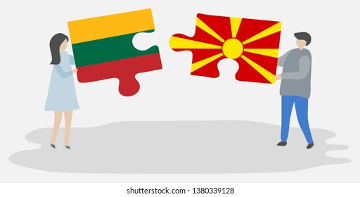 Couple holding two puzzles pieces with Lithuanian and Macedonian flags. Lithuania and Macedonia national symbols together.