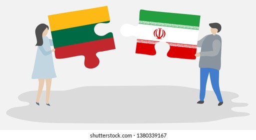 Couple holding two puzzles pieces with Lithuanian and Iranian flags. Lithuania and Iran national symbols together.