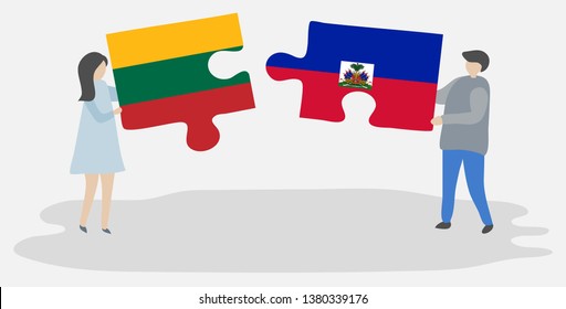 Couple holding two puzzles pieces with Lithuanian and Haitian flags. Lithuania and Haiti national symbols together.